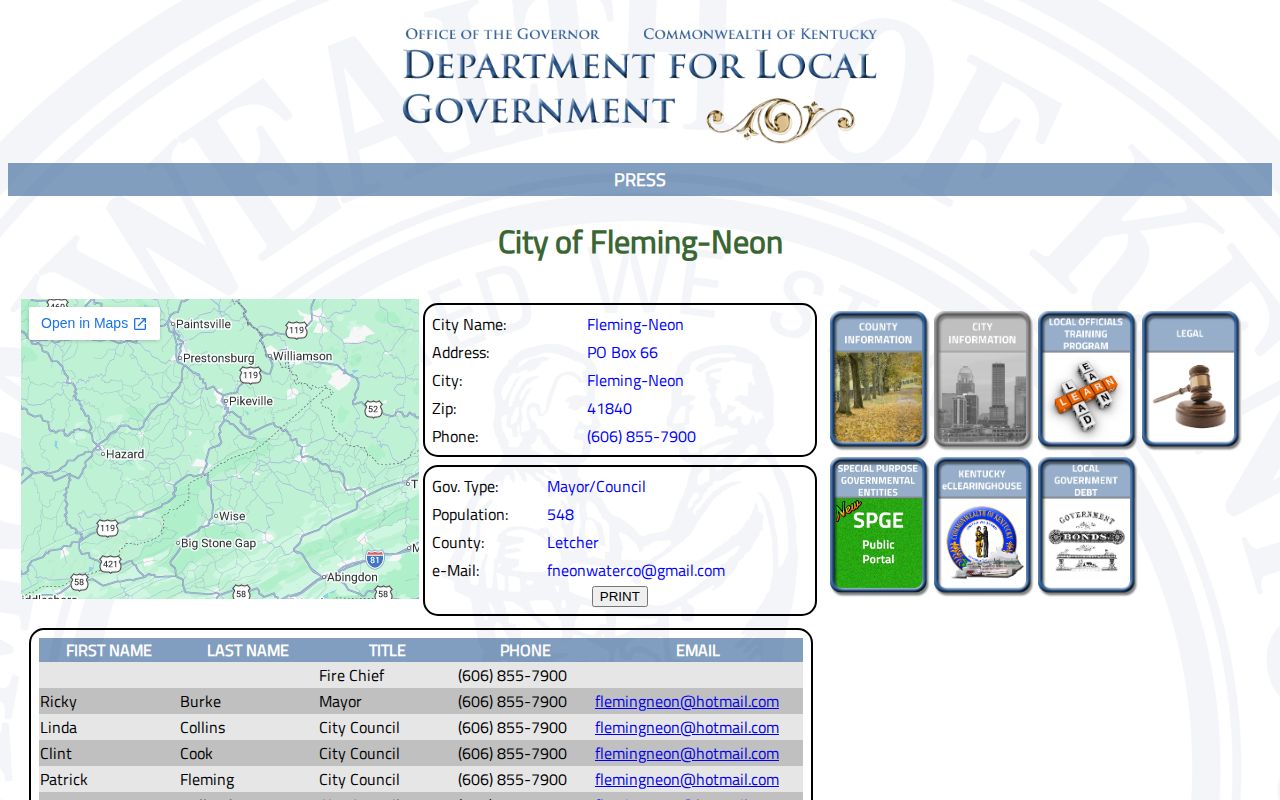 Fleming-Neon official city and police record in Letcher County